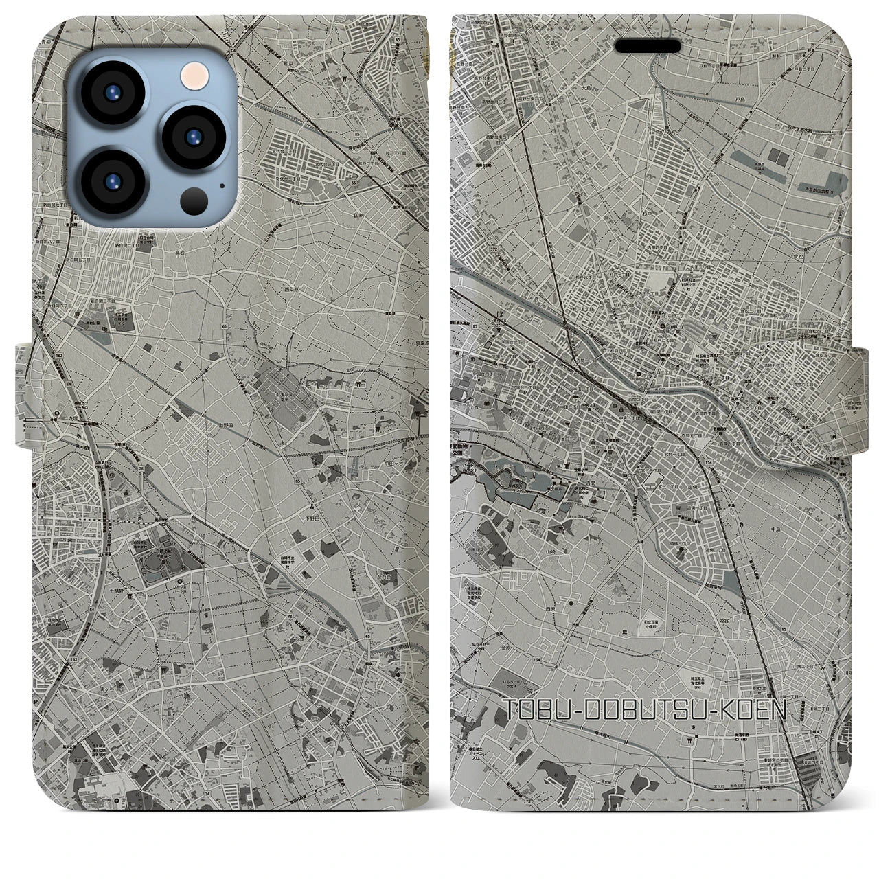 【東武動物公園】地図柄iPhoneケース（手帳両面タイプ・モノトーン）iPhone 13 Pro Max 用