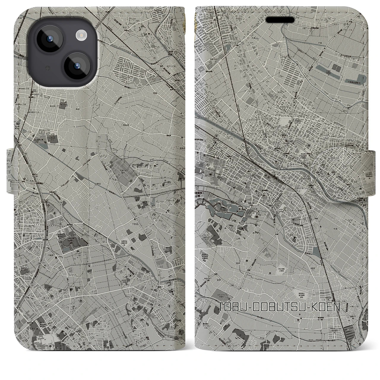 【東武動物公園】地図柄iPhoneケース（手帳両面タイプ・モノトーン）iPhone 14 Plus 用