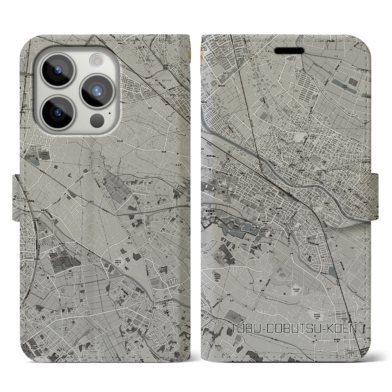 【東武動物公園】地図柄iPhoneケース（手帳両面タイプ・モノトーン）iPhone 15 Pro 用
