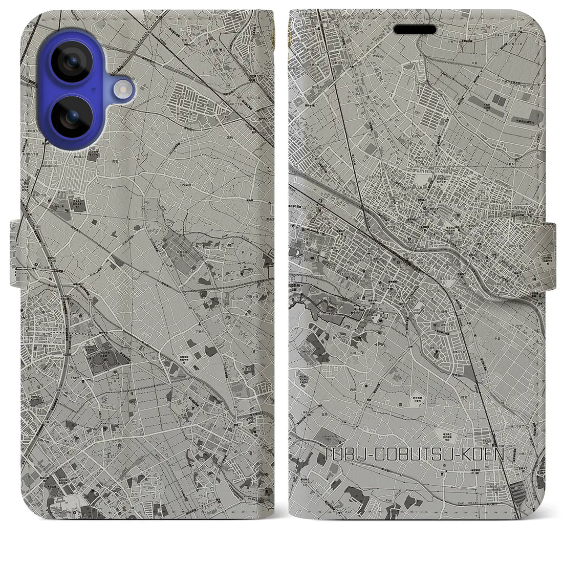 【東武動物公園(埼玉県)】地図柄iPhoneケース(手帳タイプ)モノトーン・iPhone 16 Pro Max 用