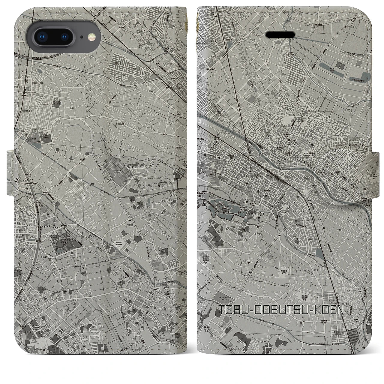 【東武動物公園】地図柄iPhoneケース（手帳両面タイプ・モノトーン）iPhone 8Plus /7Plus / 6sPlus / 6Plus 用