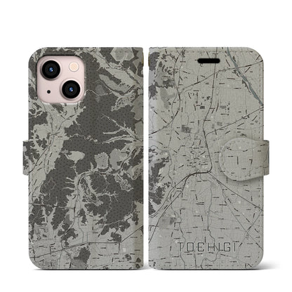 【栃木（栃木県）】地図柄iPhoneケース（手帳タイプ）モノトーン・iPhone 13 mini 用