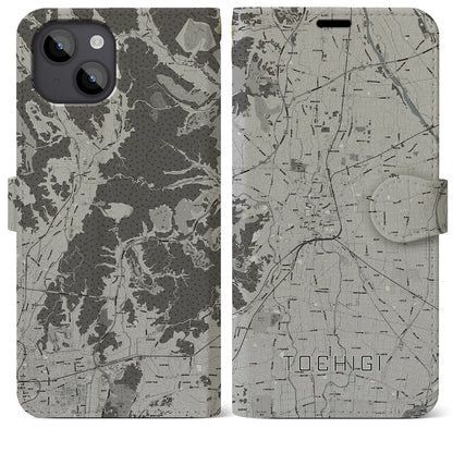 【栃木（栃木県）】地図柄iPhoneケース（手帳タイプ）モノトーン・iPhone 14 Plus 用