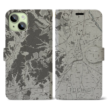 【栃木（栃木県）】地図柄iPhoneケース（手帳タイプ）モノトーン・iPhone 15 用