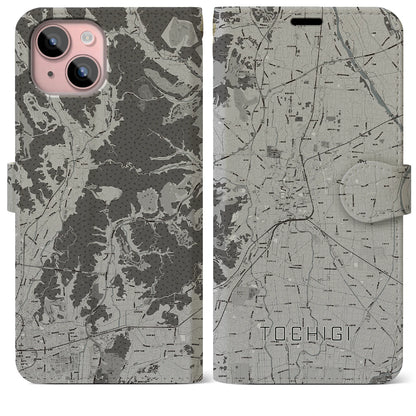 【栃木（栃木県）】地図柄iPhoneケース（手帳タイプ）モノトーン・iPhone 15 Plus 用