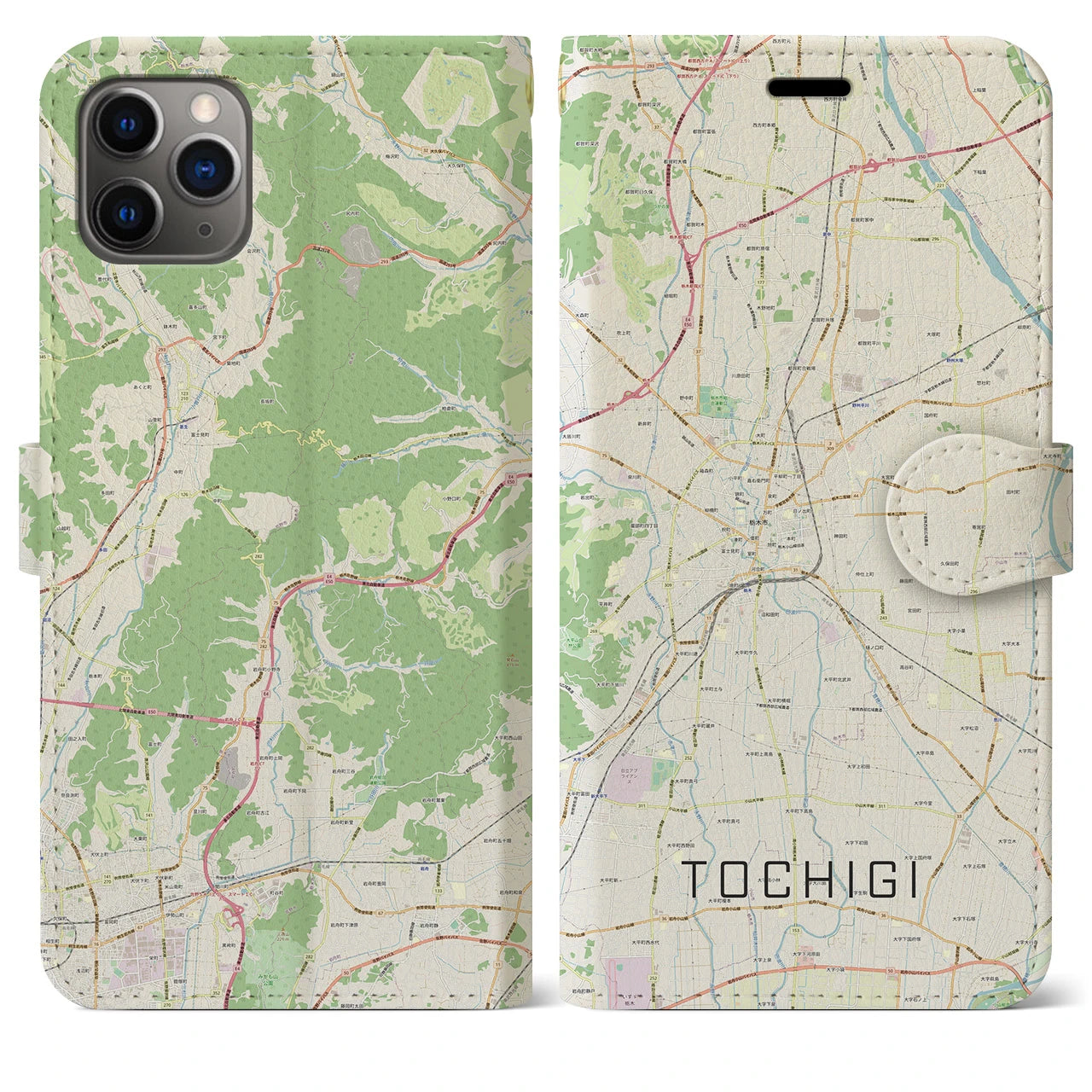 【栃木】地図柄iPhoneケース（手帳両面タイプ・ナチュラル）iPhone 11 Pro Max 用