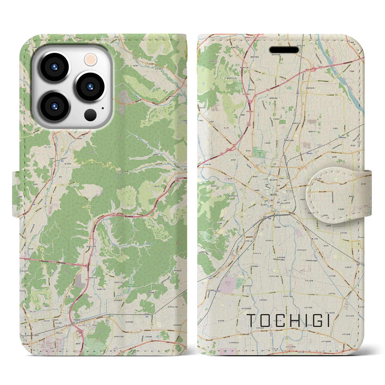 【栃木】地図柄iPhoneケース（手帳両面タイプ・ナチュラル）iPhone 13 Pro 用