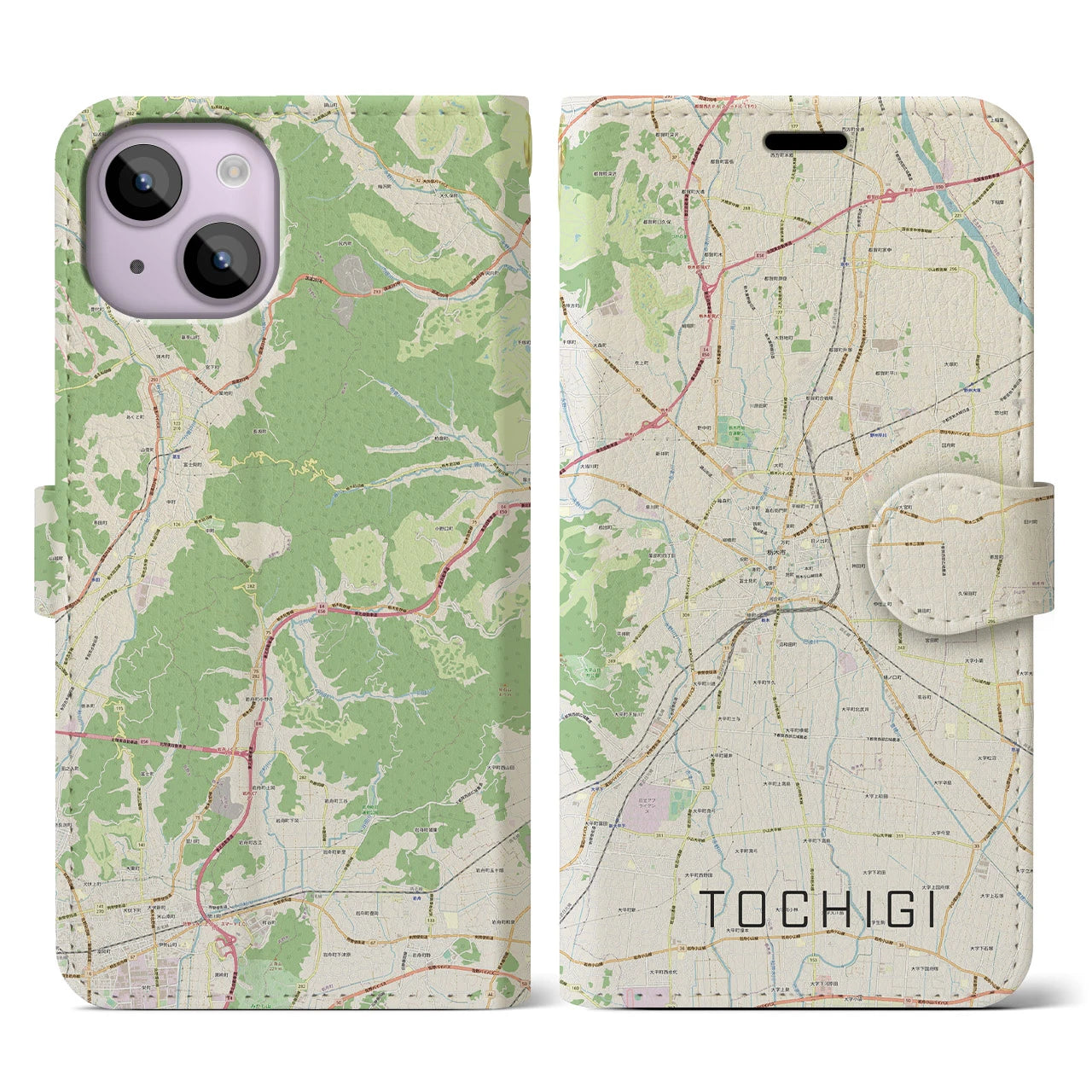 【栃木】地図柄iPhoneケース（手帳両面タイプ・ナチュラル）iPhone 14 用