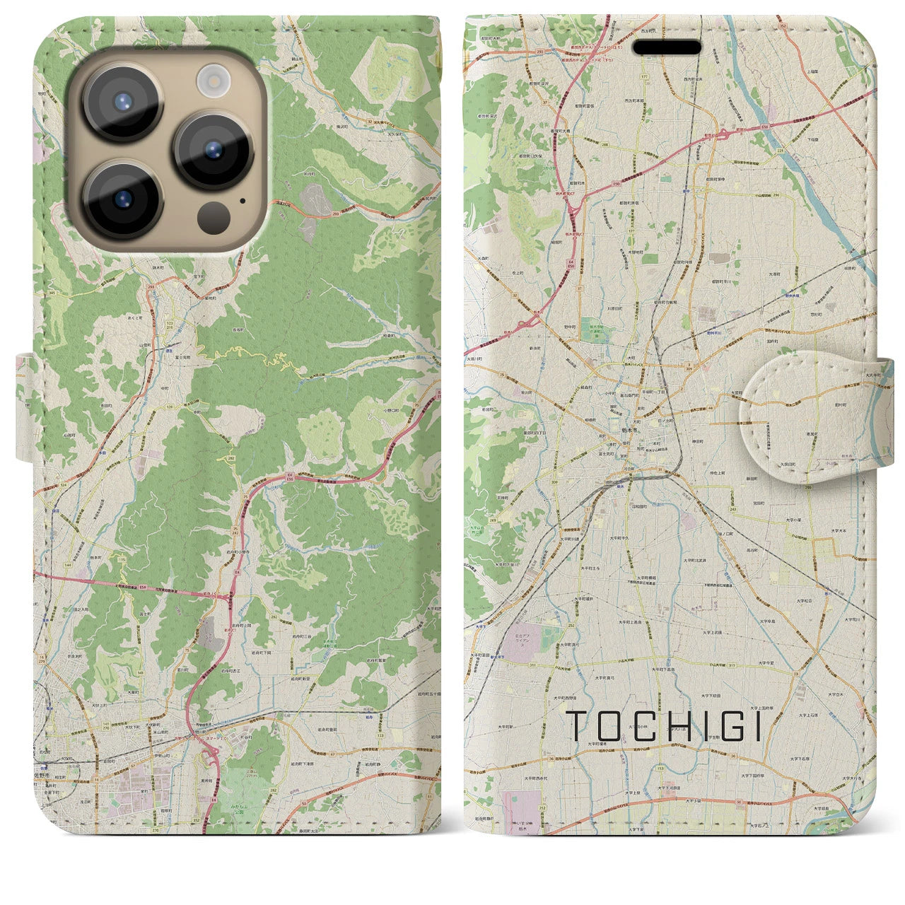 【栃木】地図柄iPhoneケース（手帳両面タイプ・ナチュラル）iPhone 14 Pro Max 用