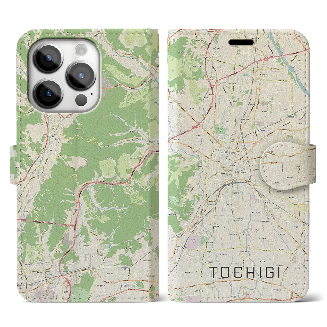 【栃木】地図柄iPhoneケース（手帳両面タイプ・ナチュラル）iPhone 14 Pro 用