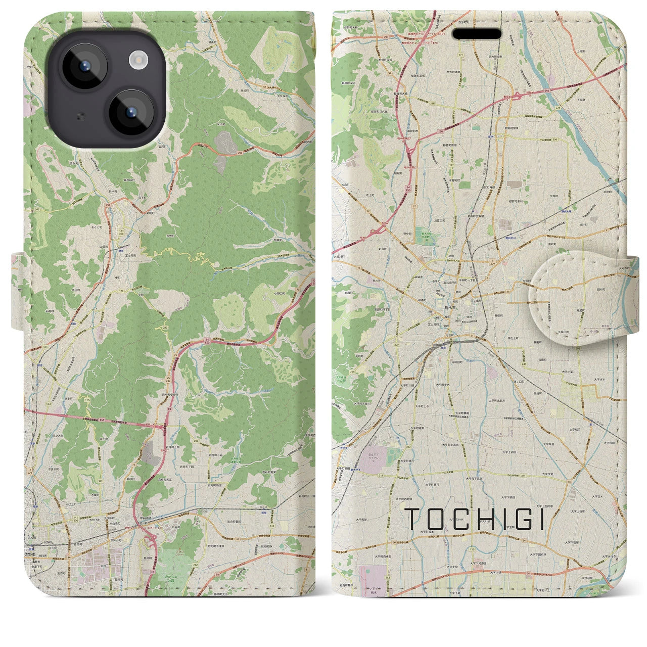 【栃木】地図柄iPhoneケース（手帳両面タイプ・ナチュラル）iPhone 14 Plus 用