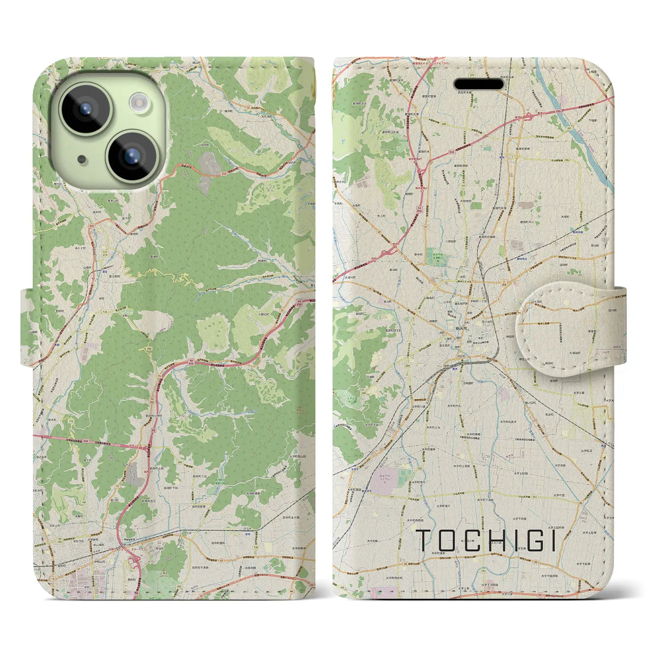 【栃木】地図柄iPhoneケース（手帳両面タイプ・ナチュラル）iPhone 15 用