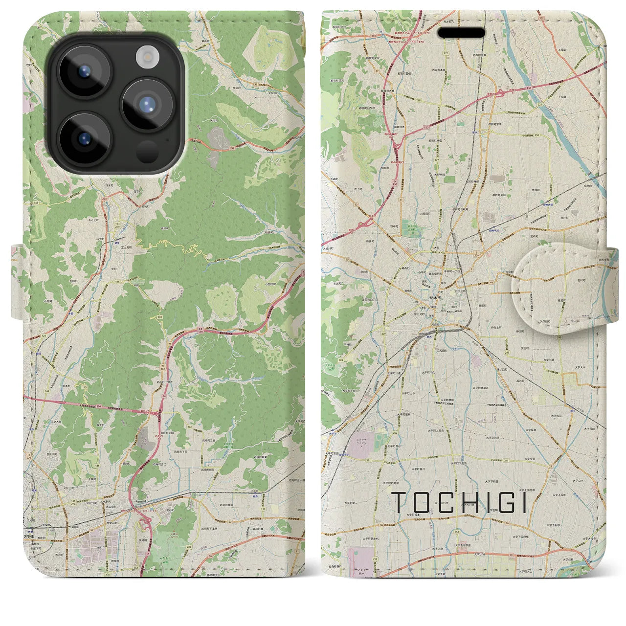 【栃木】地図柄iPhoneケース（手帳両面タイプ・ナチュラル）iPhone 15 Pro Max 用