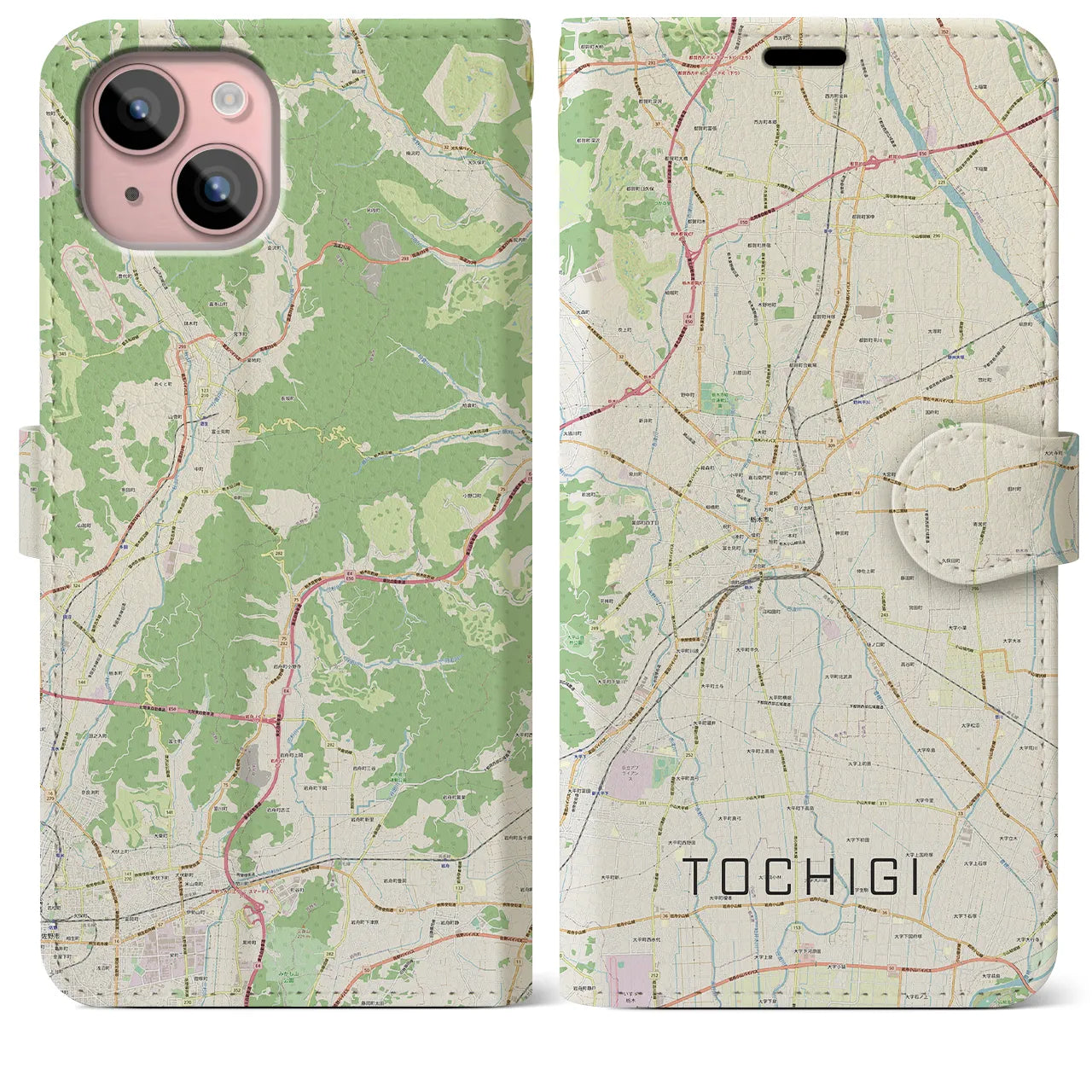【栃木】地図柄iPhoneケース（手帳両面タイプ・ナチュラル）iPhone 15 Plus 用