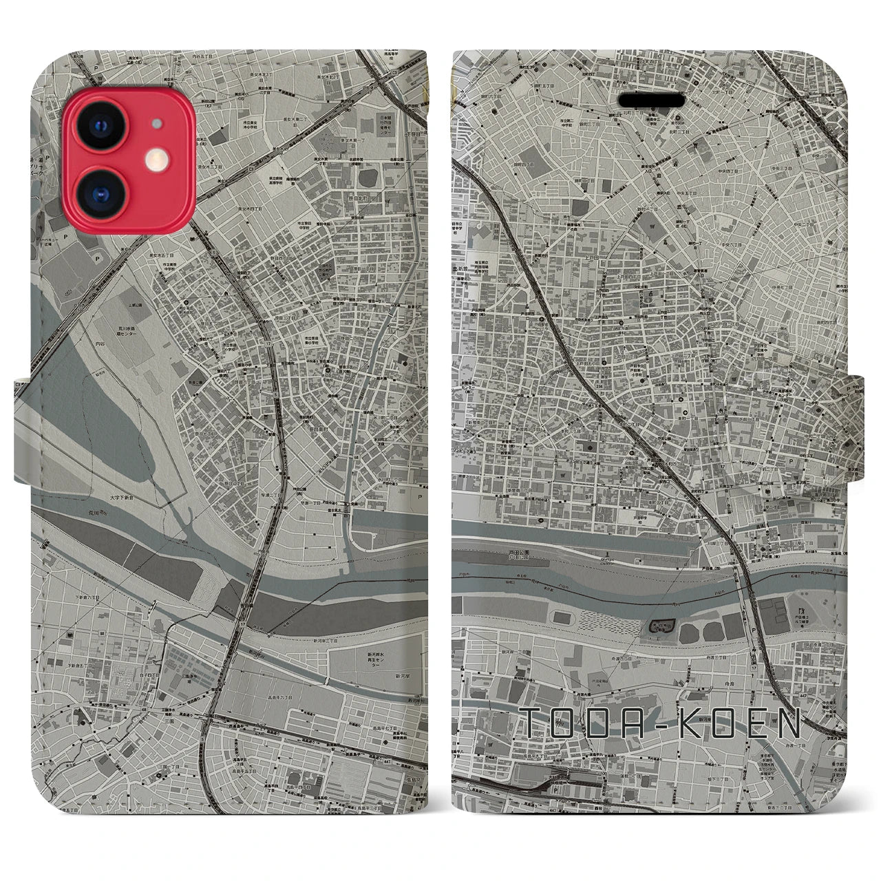 【戸田公園】地図柄iPhoneケース（手帳両面タイプ・モノトーン）iPhone 11 用