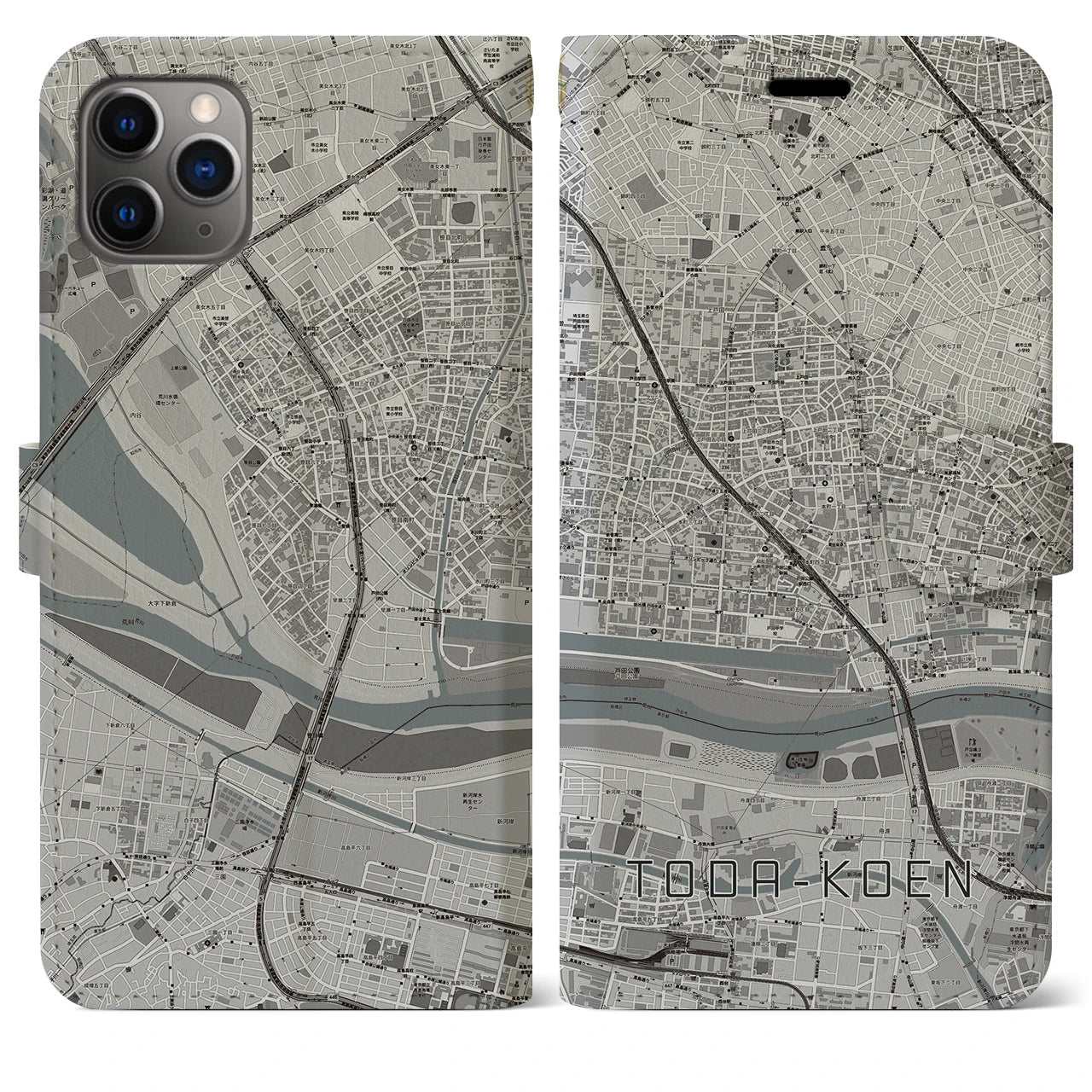 【戸田公園】地図柄iPhoneケース（手帳両面タイプ・モノトーン）iPhone 11 Pro Max 用