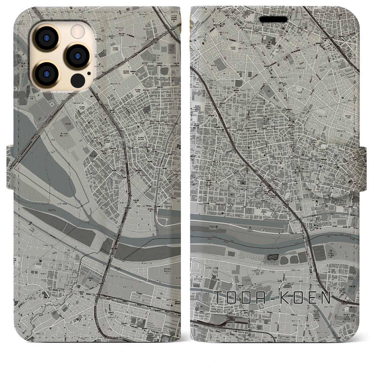 【戸田公園】地図柄iPhoneケース（手帳両面タイプ・モノトーン）iPhone 12 Pro Max 用
