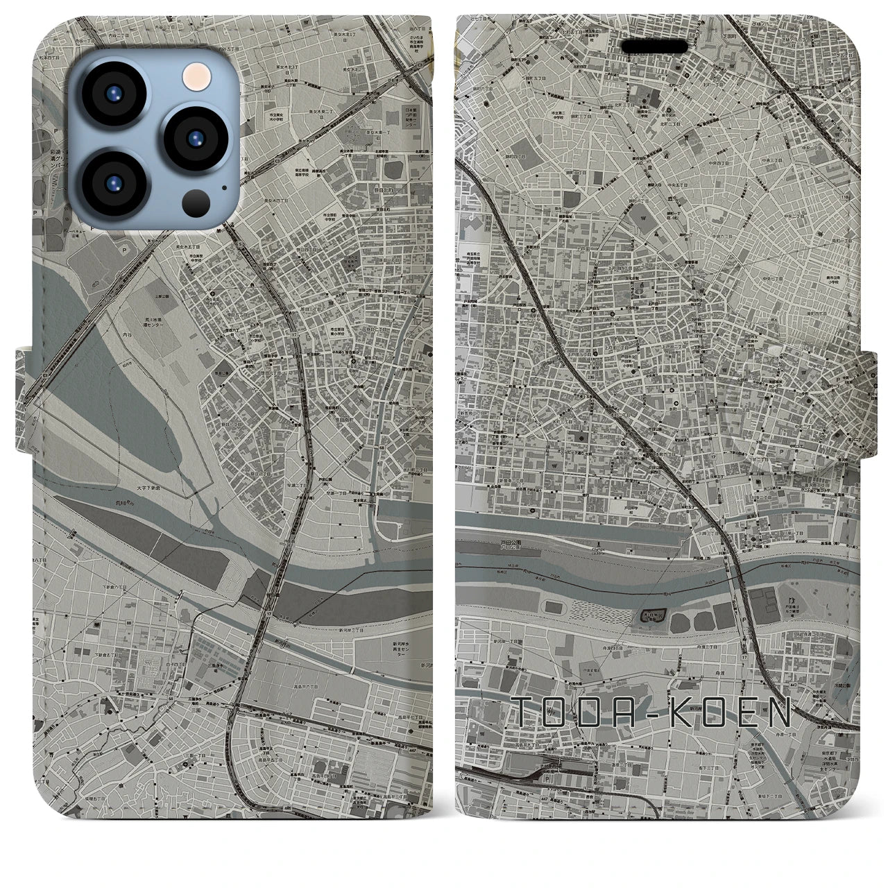 【戸田公園】地図柄iPhoneケース（手帳両面タイプ・モノトーン）iPhone 13 Pro Max 用