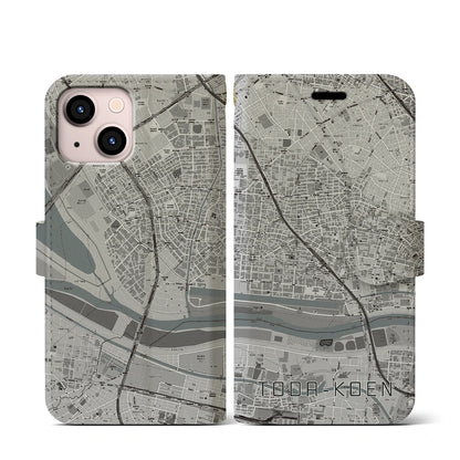 【戸田公園（埼玉県）】地図柄iPhoneケース（手帳タイプ）モノトーン・iPhone 13 mini 用