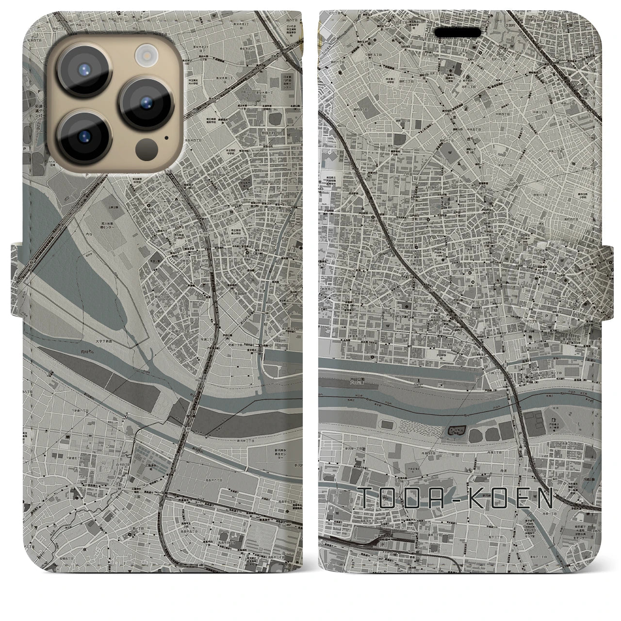 【戸田公園】地図柄iPhoneケース（手帳両面タイプ・モノトーン）iPhone 14 Pro Max 用
