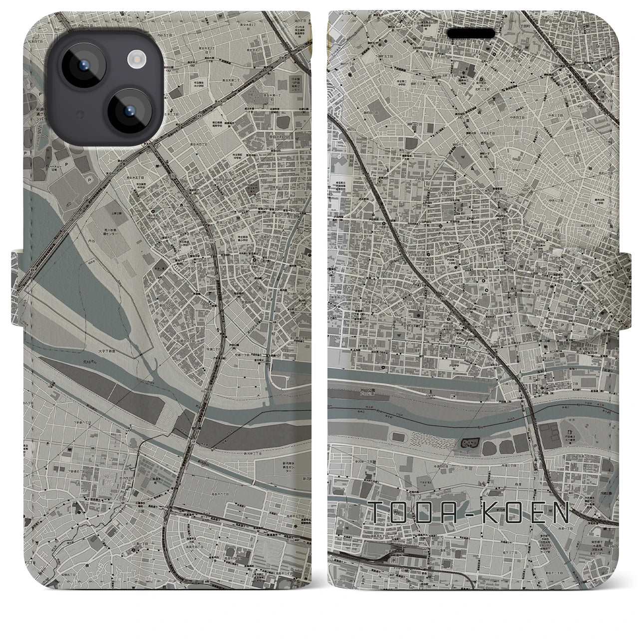 【戸田公園】地図柄iPhoneケース（手帳両面タイプ・モノトーン）iPhone 14 Plus 用