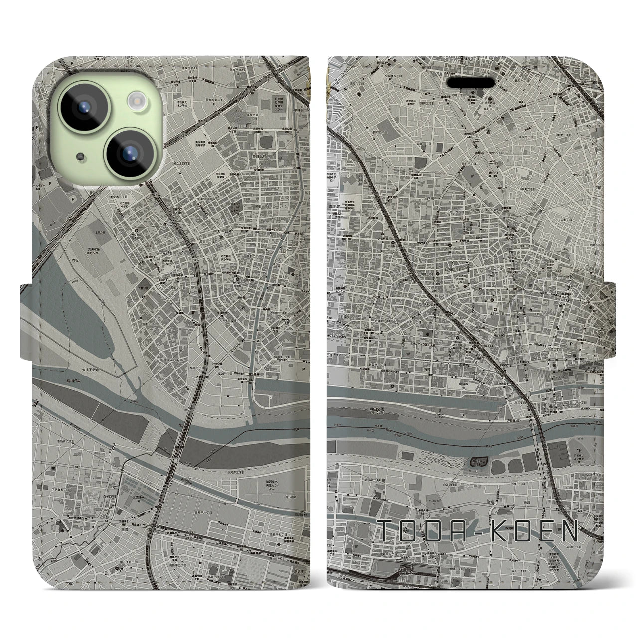 【戸田公園】地図柄iPhoneケース（手帳両面タイプ・モノトーン）iPhone 15 用