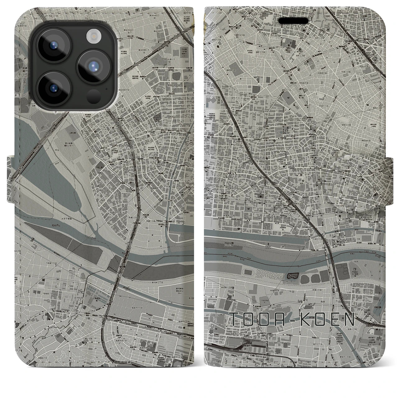 【戸田公園】地図柄iPhoneケース（手帳両面タイプ・モノトーン）iPhone 15 Pro Max 用