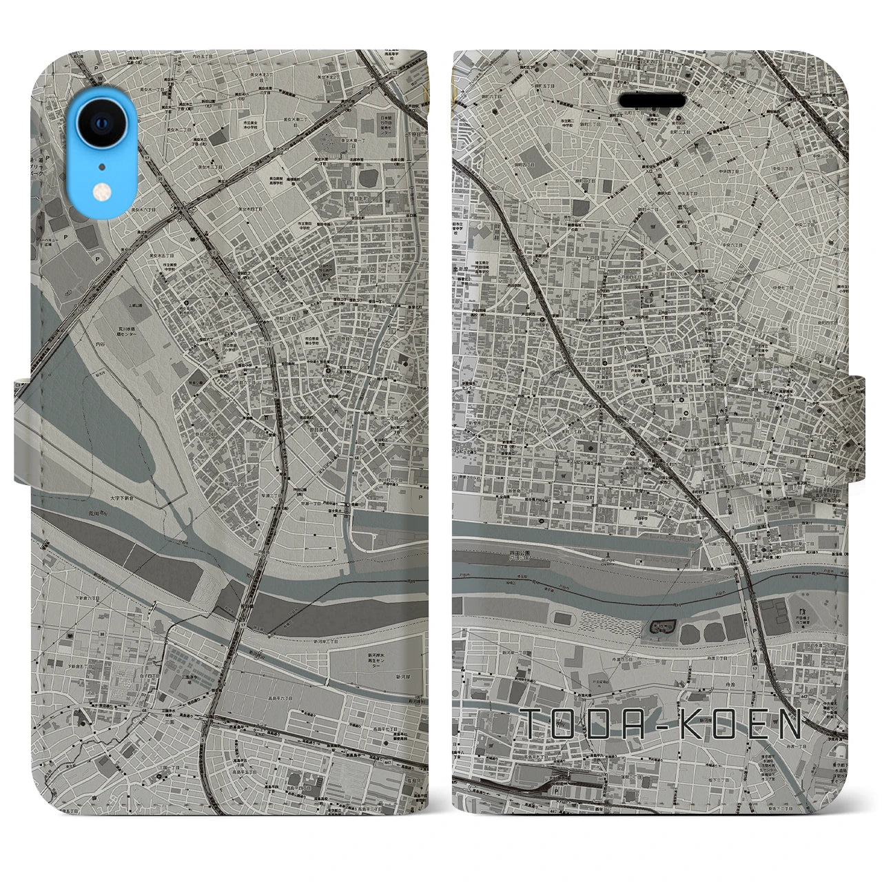 【戸田公園】地図柄iPhoneケース（手帳両面タイプ・モノトーン）iPhone XR 用