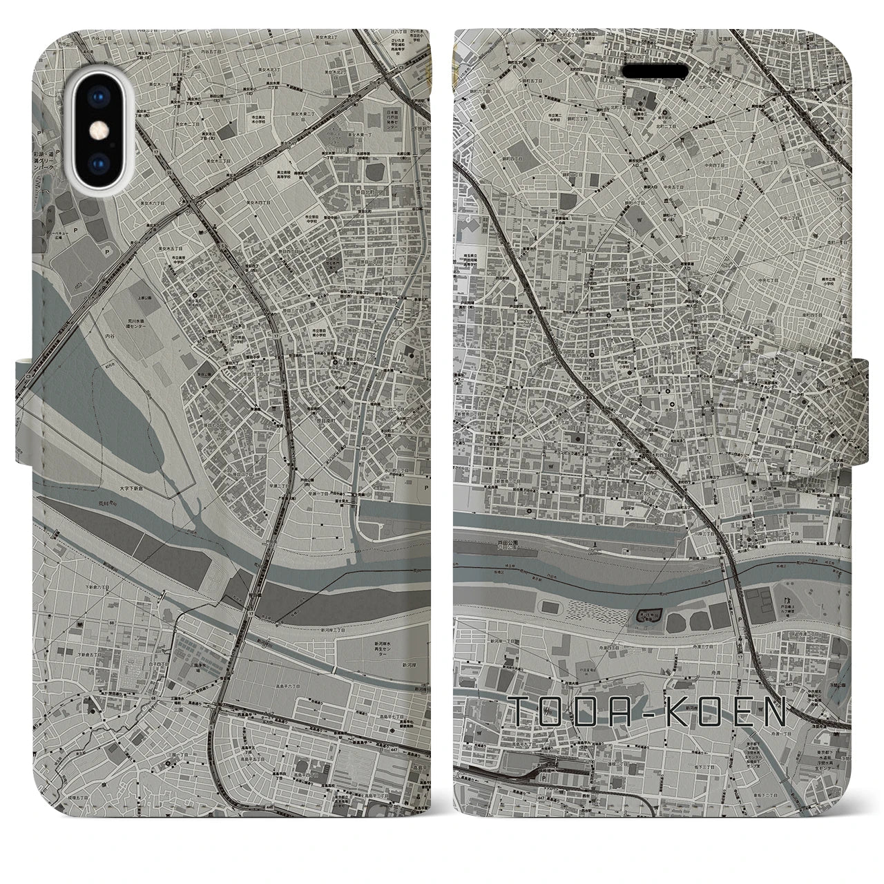 【戸田公園】地図柄iPhoneケース（手帳両面タイプ・モノトーン）iPhone XS Max 用