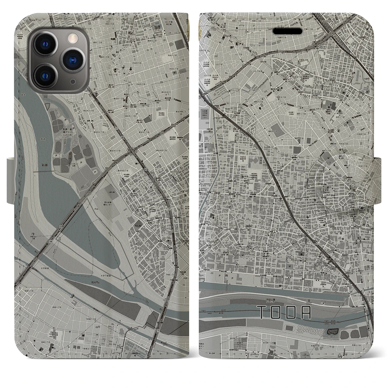 【戸田】地図柄iPhoneケース（手帳両面タイプ・モノトーン）iPhone 11 Pro Max 用