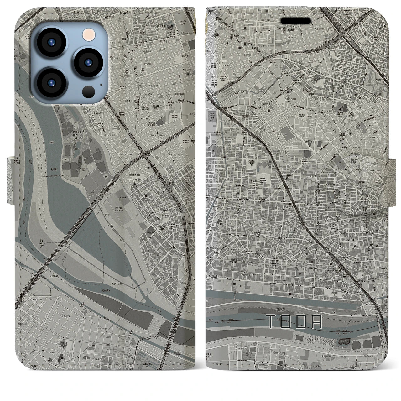 【戸田】地図柄iPhoneケース（手帳両面タイプ・モノトーン）iPhone 13 Pro Max 用