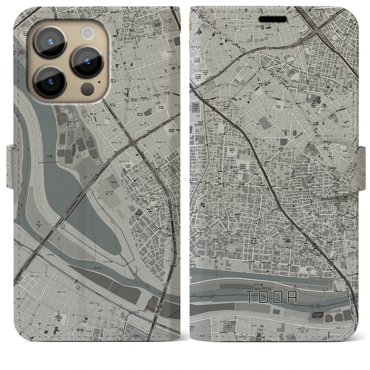 【戸田】地図柄iPhoneケース（手帳両面タイプ・モノトーン）iPhone 14 Pro Max 用