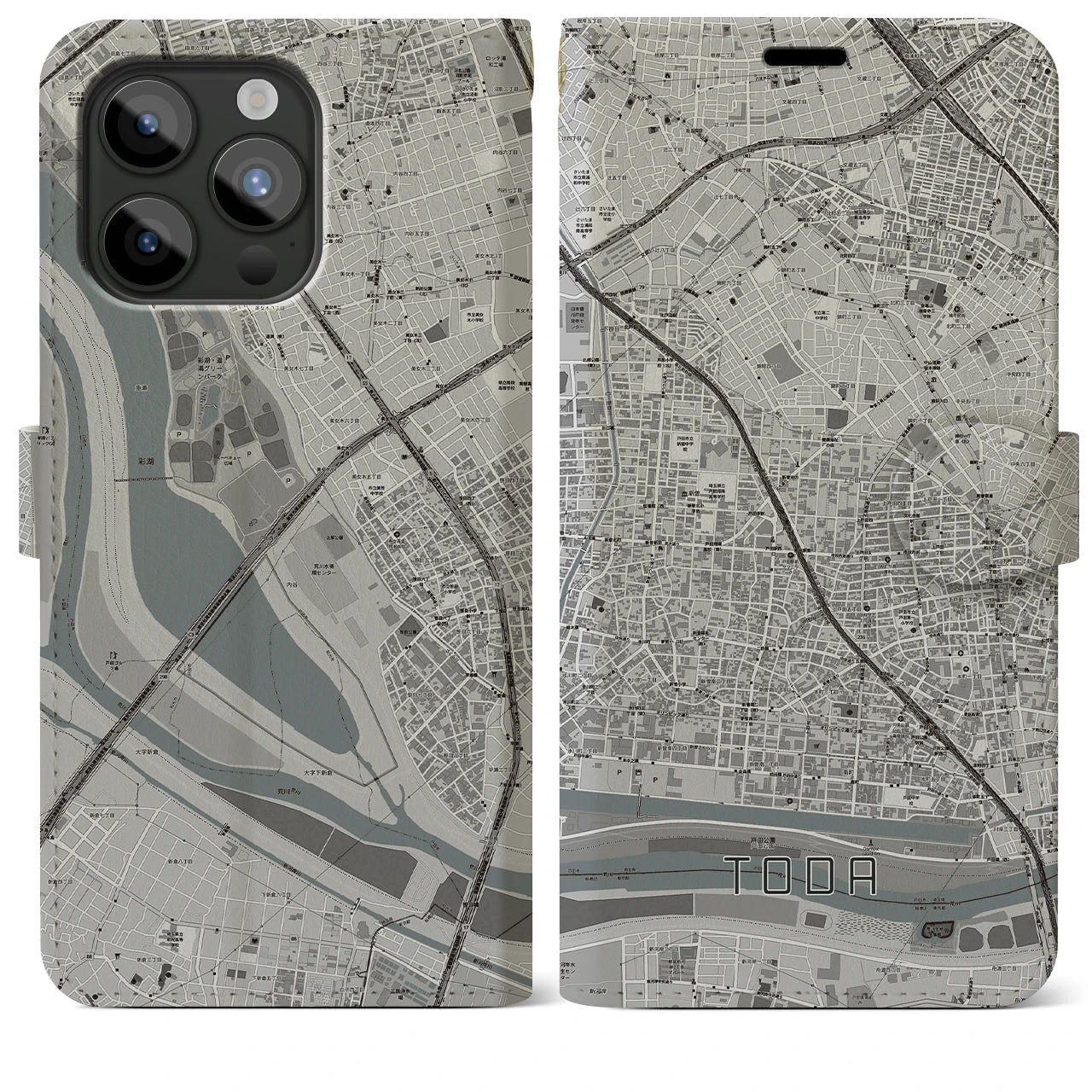 【戸田】地図柄iPhoneケース（手帳両面タイプ・モノトーン）iPhone 15 Pro Max 用
