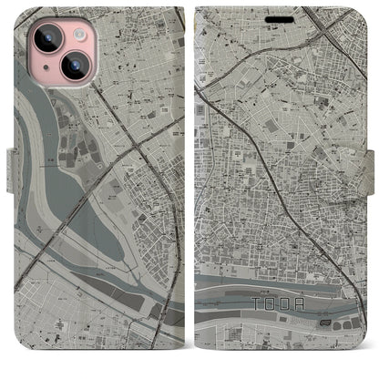 【戸田（埼玉県）】地図柄iPhoneケース（手帳タイプ）モノトーン・iPhone 15 Plus 用