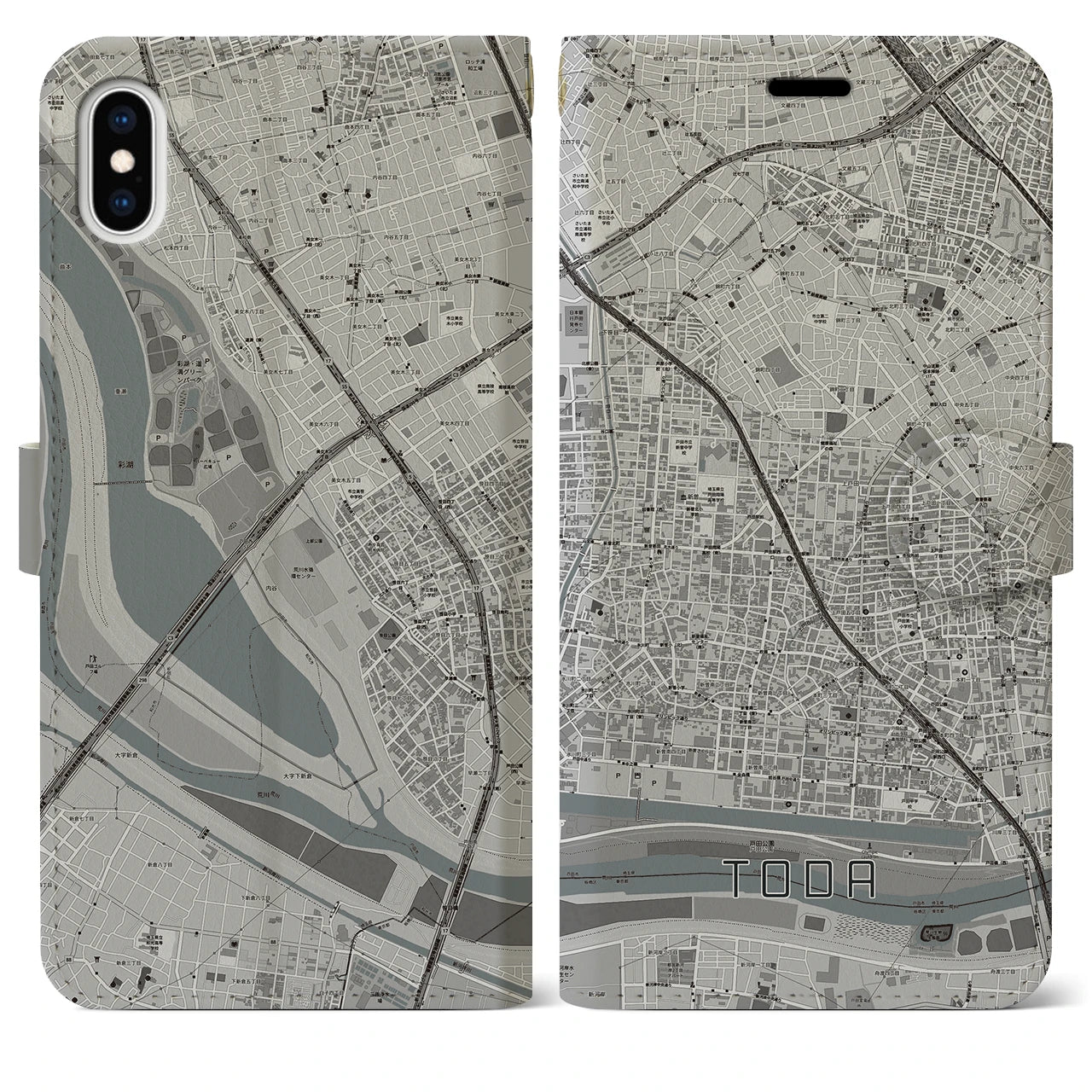 【戸田】地図柄iPhoneケース（手帳両面タイプ・モノトーン）iPhone XS Max 用