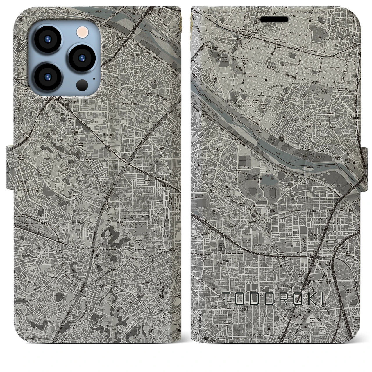 【等々力（神奈川県）】地図柄iPhoneケース（手帳両面タイプ・モノトーン）iPhone 13 Pro Max 用
