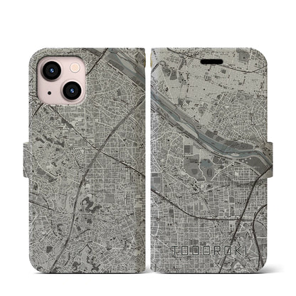 【等々力（神奈川県）】地図柄iPhoneケース（手帳タイプ）モノトーン・iPhone 13 mini 用