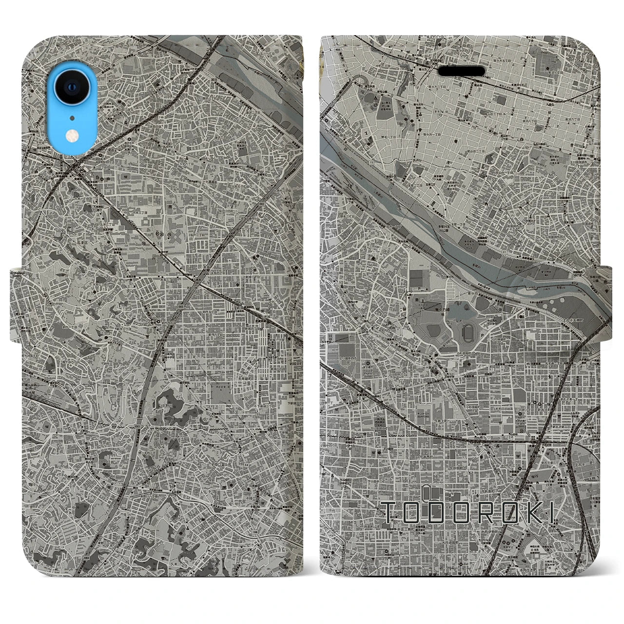 【等々力（神奈川県）】地図柄iPhoneケース（手帳両面タイプ・モノトーン）iPhone XR 用
