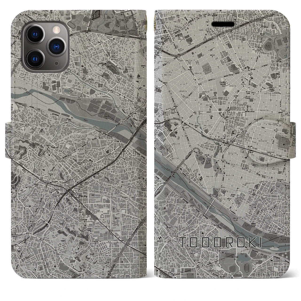 【等々力】地図柄iPhoneケース（手帳両面タイプ・モノトーン）iPhone 11 Pro Max 用