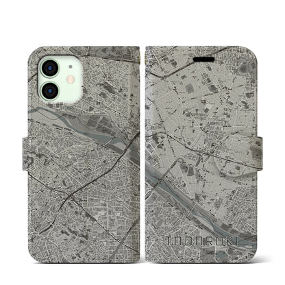 【等々力（東京都）】地図柄iPhoneケース（手帳タイプ）モノトーン・iPhone 12 mini 用