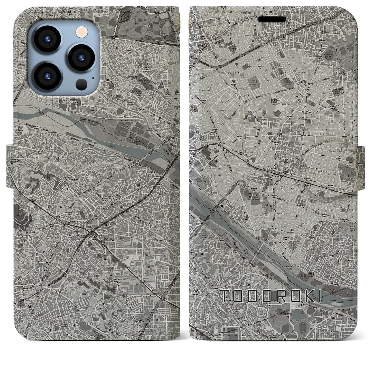 【等々力】地図柄iPhoneケース（手帳両面タイプ・モノトーン）iPhone 13 Pro Max 用