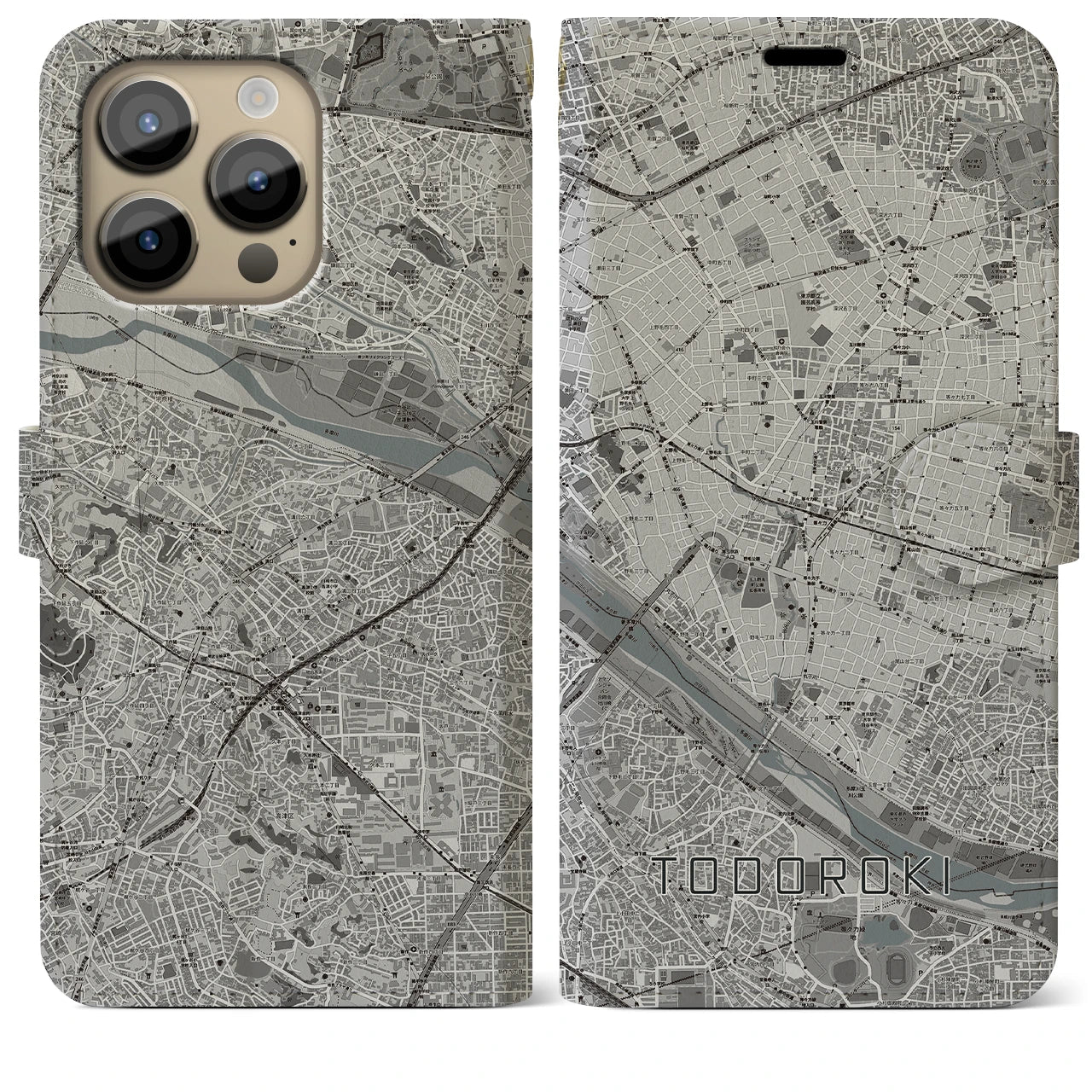 【等々力】地図柄iPhoneケース（手帳両面タイプ・モノトーン）iPhone 14 Pro Max 用
