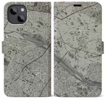 【等々力（東京都）】地図柄iPhoneケース（手帳タイプ）モノトーン・iPhone 14 Plus 用