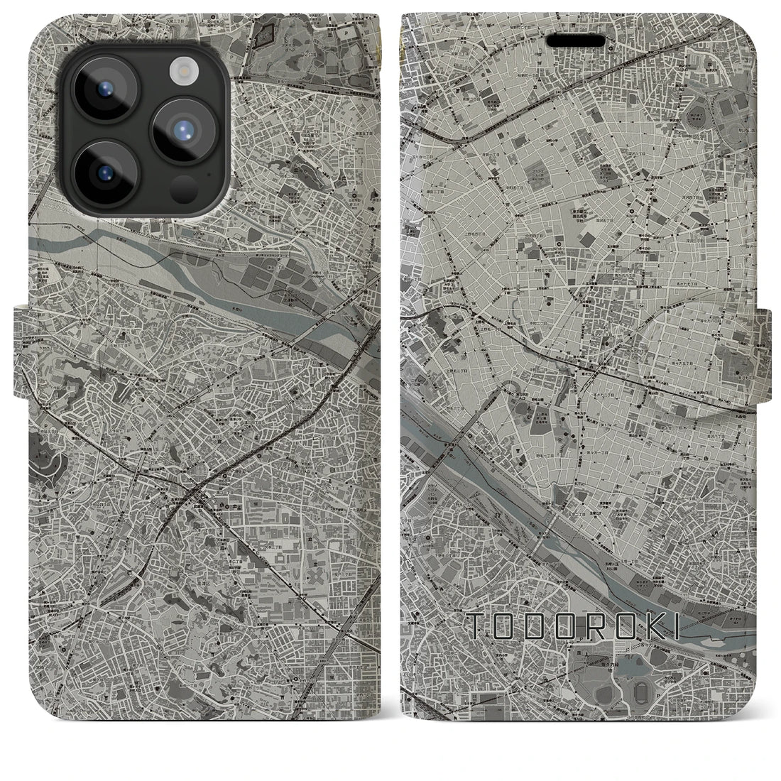 【等々力】地図柄iPhoneケース（手帳両面タイプ・モノトーン）iPhone 15 Pro Max 用