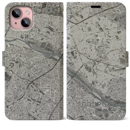 【等々力（東京都）】地図柄iPhoneケース（手帳タイプ）モノトーン・iPhone 15 Plus 用