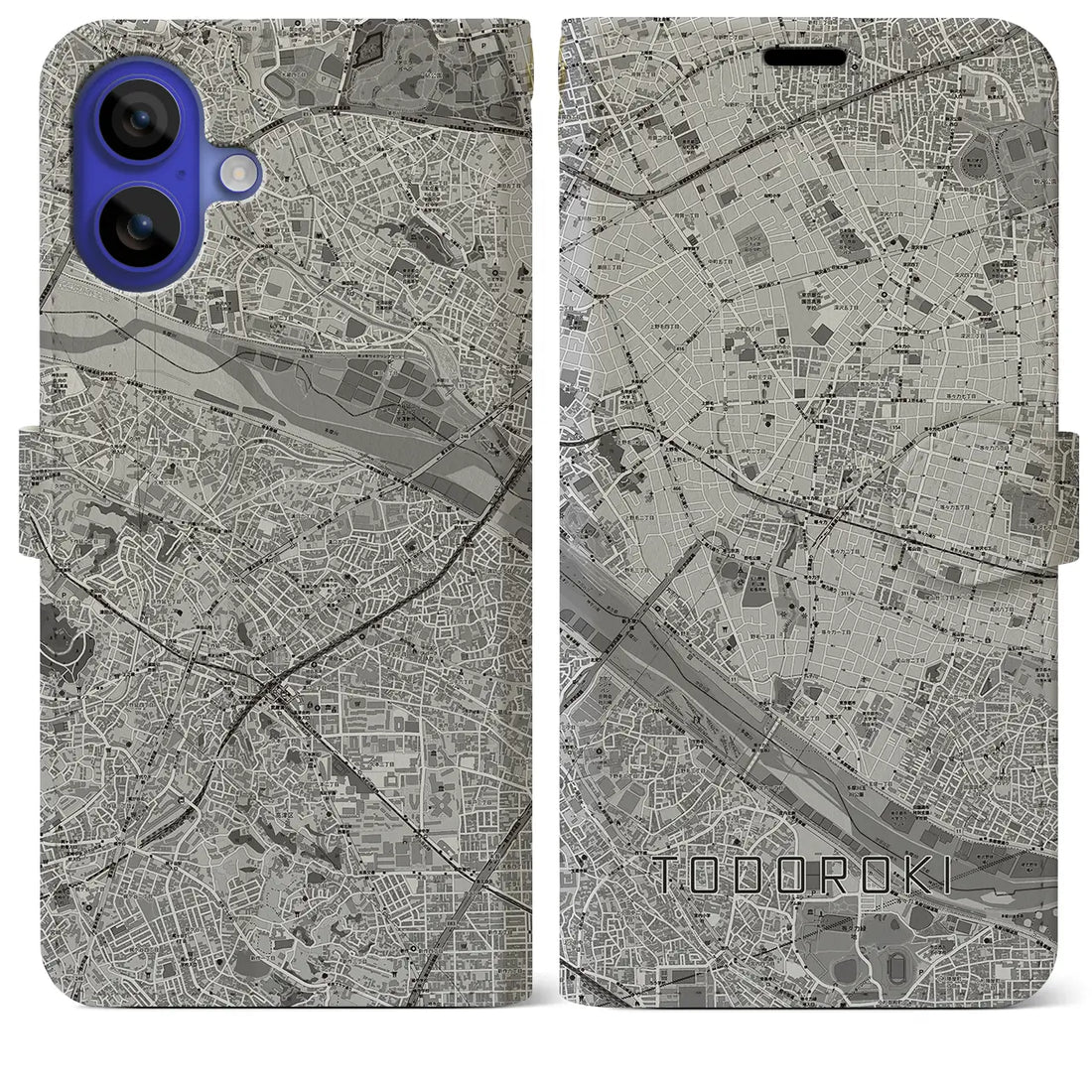 【等々力(東京都)】地図柄iPhoneケース(手帳タイプ)モノトーン・iPhone 16 Pro Max 用