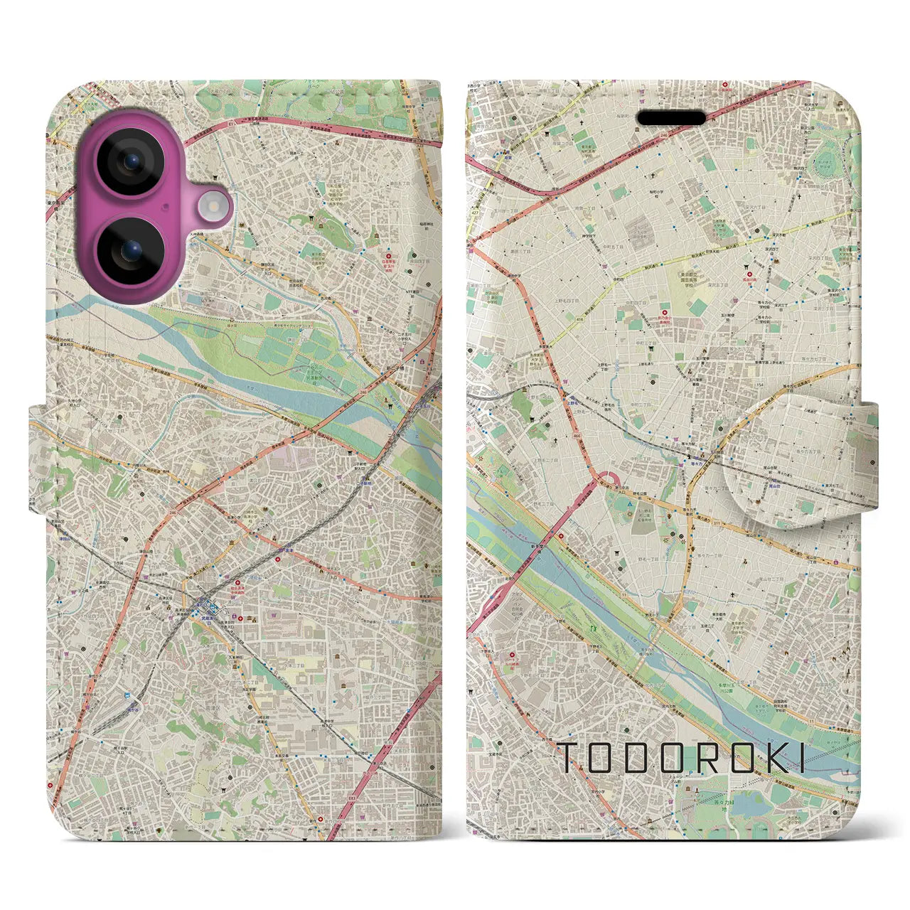 【等々力（東京都）】地図柄iPhoneケース（手帳タイプ）ナチュラル・iPhone 16 Pro 用