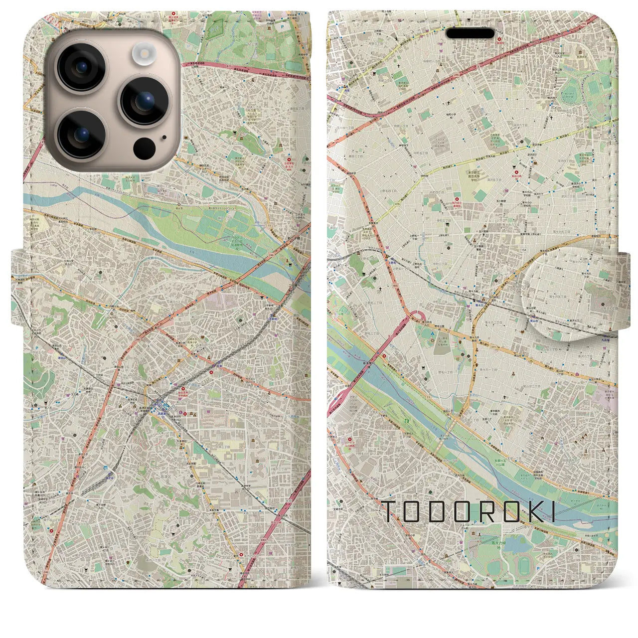 【等々力（東京都）】地図柄iPhoneケース（手帳タイプ）ナチュラル・iPhone 16 Plus 用