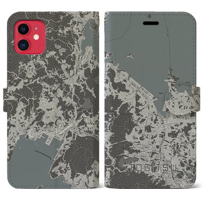 【時津（長崎県）】地図柄iPhoneケース（手帳タイプ）モノトーン・iPhone 11 用