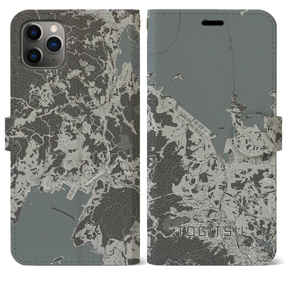 【時津（長崎県）】地図柄iPhoneケース（手帳タイプ）モノトーン・iPhone 11 Pro Max 用